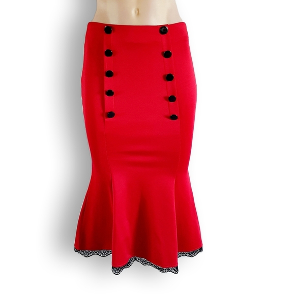 Deep red, satin-look, low sitting mermaid, pencil, knee length skirt AU 8-10 - Picture 5 of 11